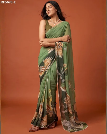 Georgette Silk Digital Print Saree with Moti Lace Border!