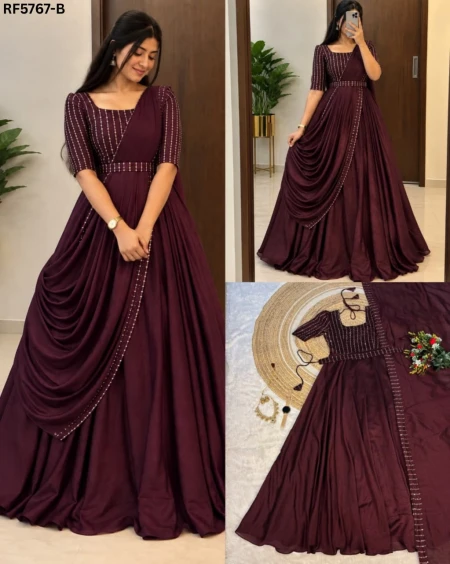 Vichitra Silk Embroidered Gown with Matching Dupatta & Beaded Belt – Elegant Party Wear