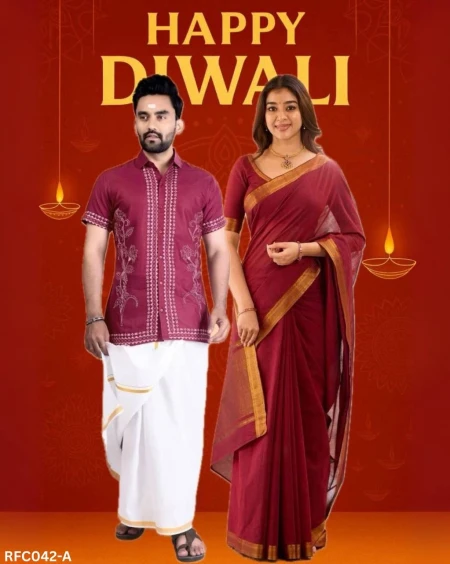 Diwali Special Couple Set – Ruby Cotton Shirt & South Cotton Saree Set!