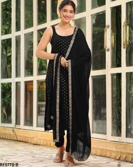 Slub Cotton Foil Work Kurti Pant Set With Dupatta!