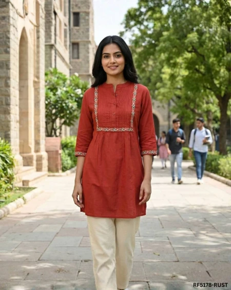 Heavy Rayon Short Kurti with Pleated Pattern & Embroidery Work!