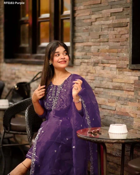 Elegant Teal Blue Jalpari Silk Kurti Set With Organza Dupatta & Silk Pants!