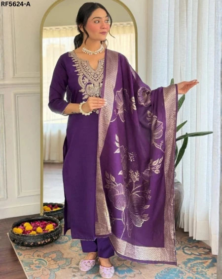 Cotton Blend Embroidered Kurti Set with Jacquard Dupatta!