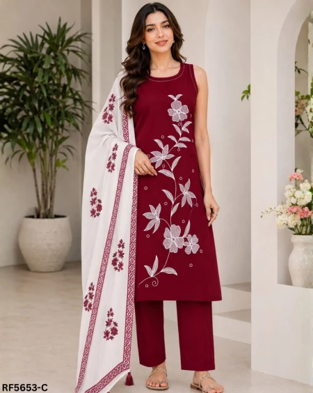 Heavy Rayon Slub Embroidered Kurti Set with Linen Digital Print Dupatta