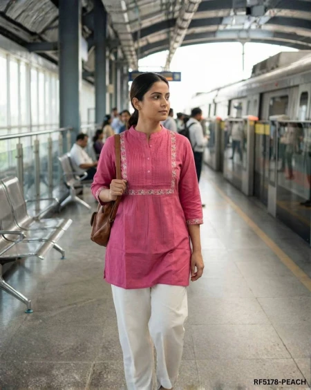 Heavy Rayon Short Kurti with Pleated Pattern & Embroidery Work!