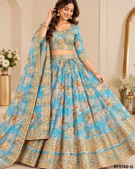 Elegant Tabby Organza Lehenga with Sequins Zari Embroidery & Printed Dupatta