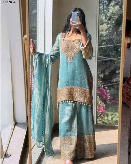 Elegant Fendy Silk Kurti Sharara Set with Sequin Embroidery & Lace Border!