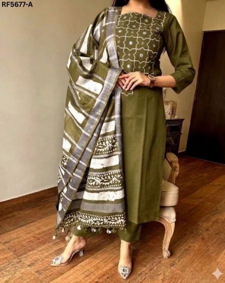 Cotton Slub Embroidered Straight Cut Kurti Set with Chanderi Dupatta