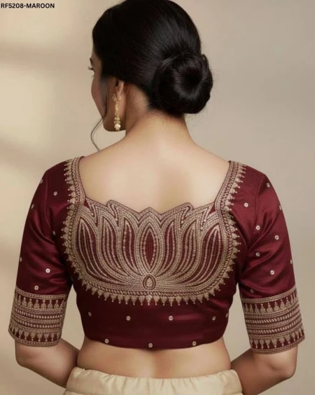 Designer Vichitra Silk Readymade Blouse with Lotus Embroidery & Sequins!