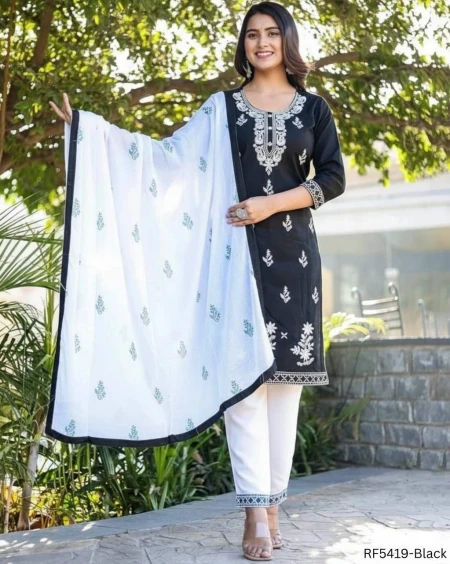 Rayon Cotton Embroidered Kurti Pant Set with Viscose Rayon Dupatta Festive Wear for Women!