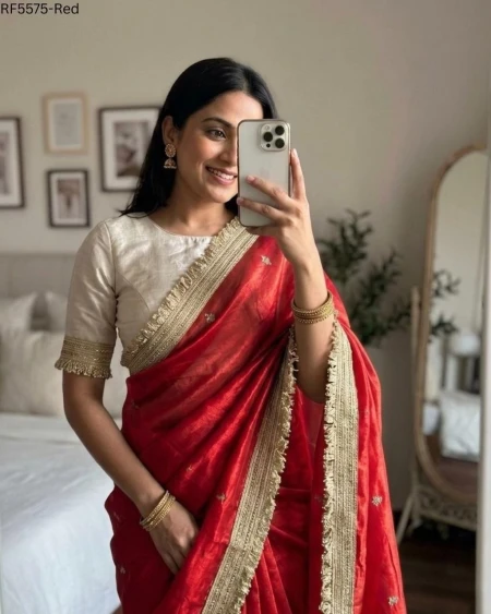 Space Silk Embroidered Saree with Contrast Blouse!