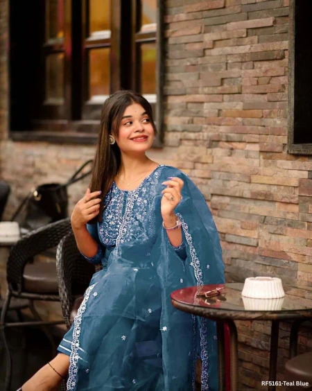 Elegant Teal Blue Jalpari Silk Kurti Set With Organza Dupatta & Silk Pants!