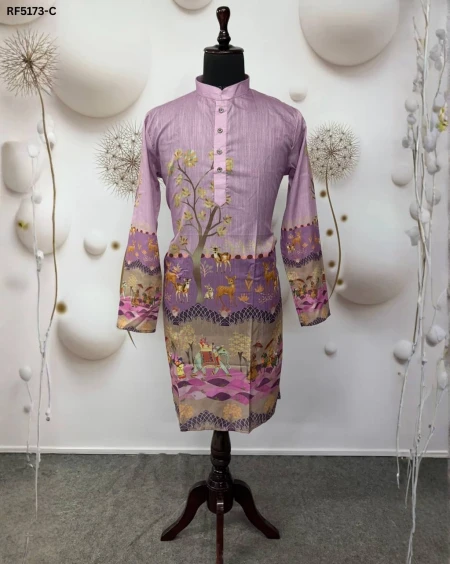 Stylish Cotton Kurta Set with Digital Print & Band Collar Design!