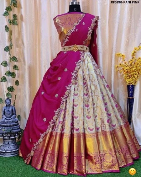Royal Kanjiveram Silk Lehenga with Zari Work & Embroidered Net Dupatta!