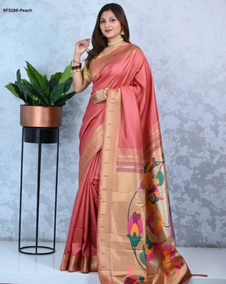 Elegant Paithani Silk Saree with Golden Zari & Meenakari Motifs!