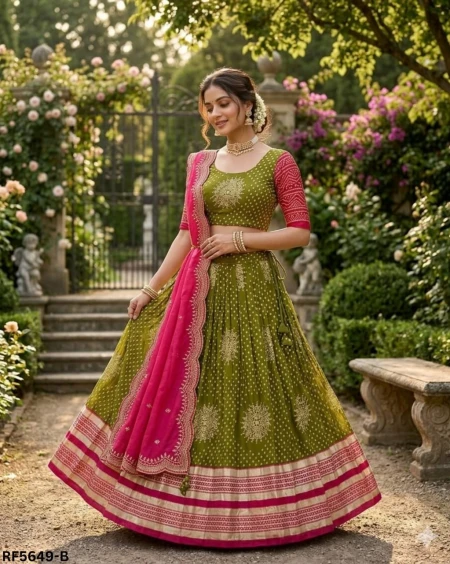 Dull Moss Foil Print Lehenga Set with Chinon Silk Dupatta!