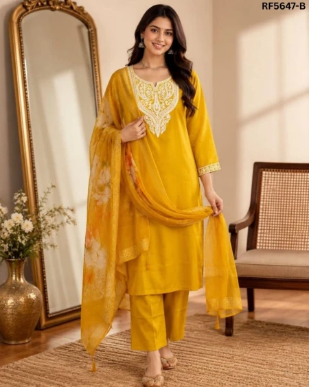 Roman Silk Embroidered Kurti Set with Organza Dupatta!