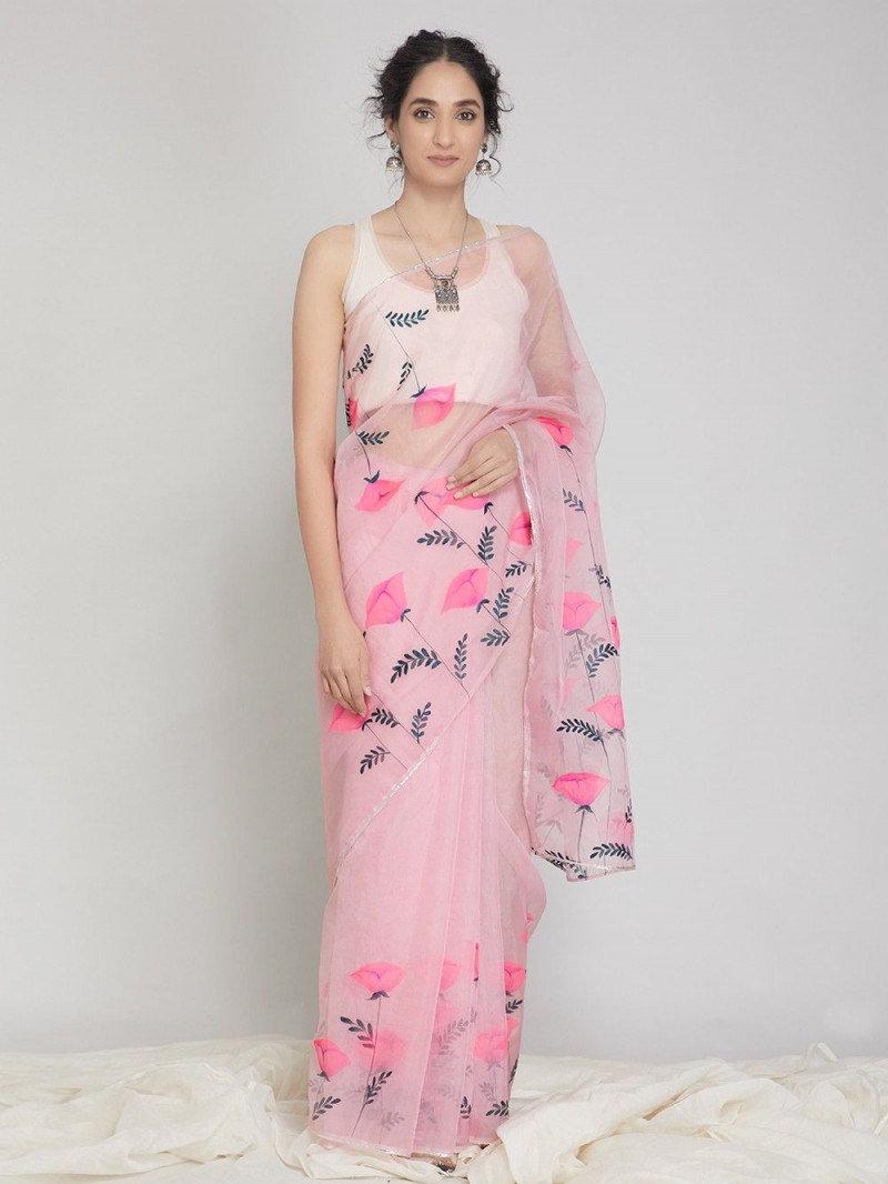 Pink Organza Saree with Digital Print Party wear Fancy Saree