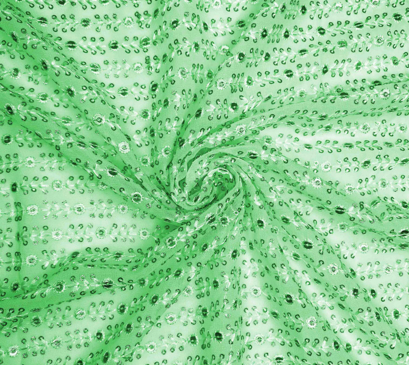 Green Viscose Threads Embroidery with Sequence lines Pattern Viscose Fabric