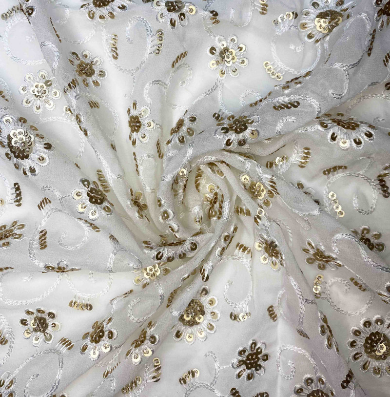 Customise Color Option For White Viscose Treads Embroidery With Gold Double Sequence Flower