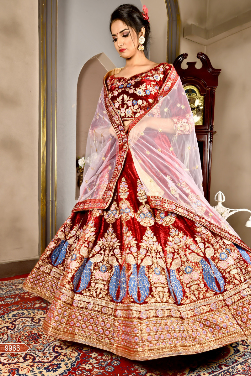 Exclusive Designer Maroon Color Velvet Wedding Wear Indian Bridal Lehenga Choli With Dupatta Theindianfab
