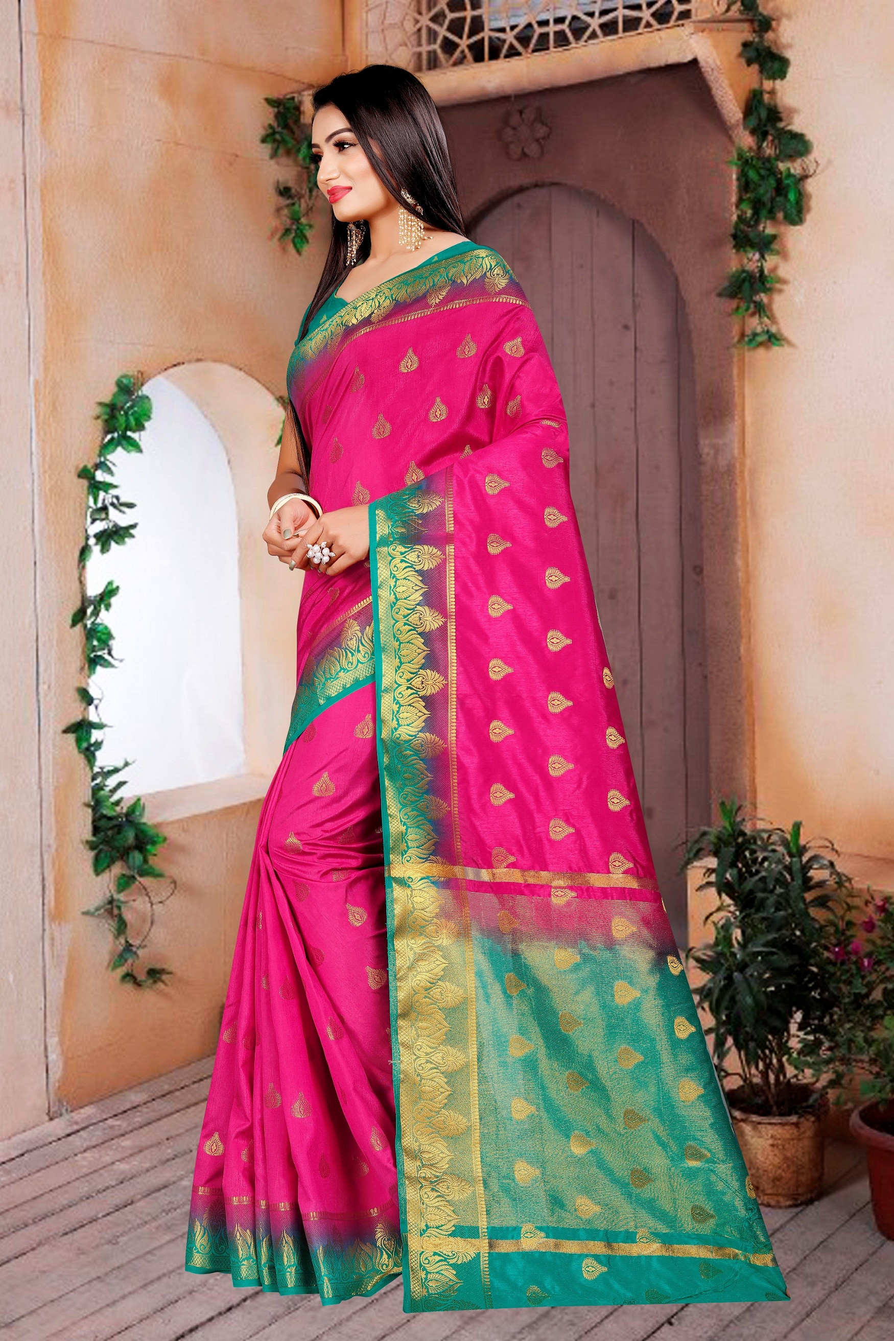 Designer Pink And Green Kanjivaram Silk Saree TheIndianFab