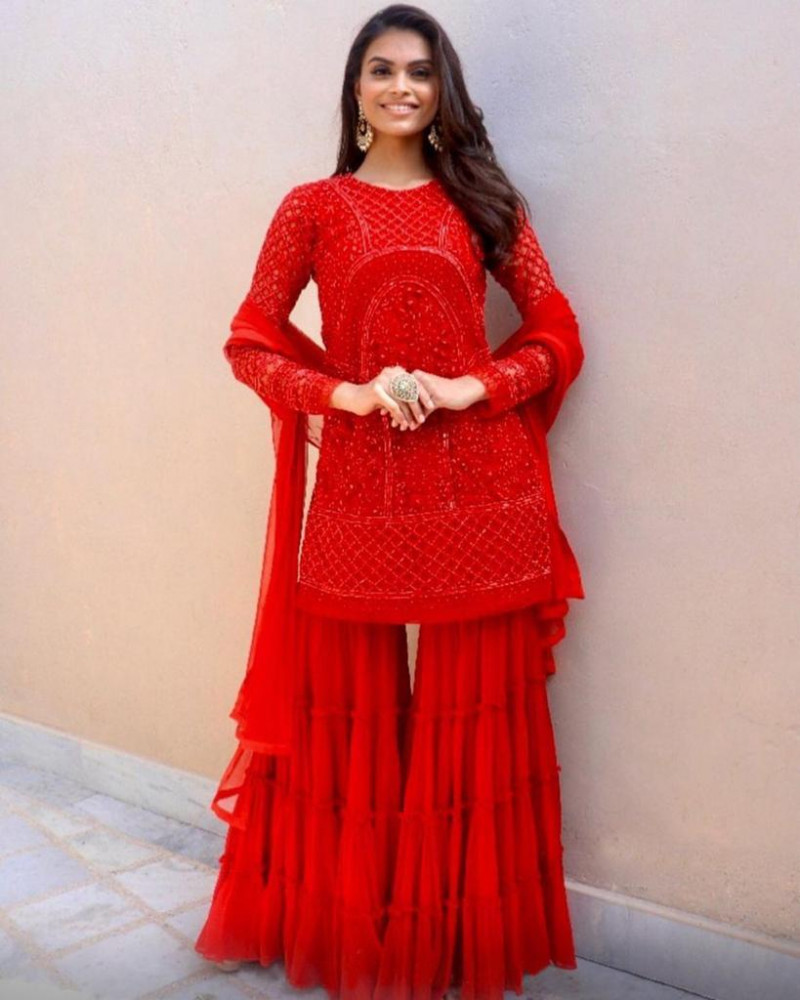 Stunning Red Colour Sharara Suit In Georgette