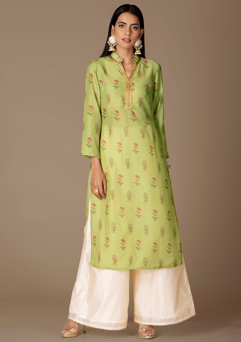 New Stylish Designer Perot Green Rayon Kurtis With Palazzo | Vastraqueen
