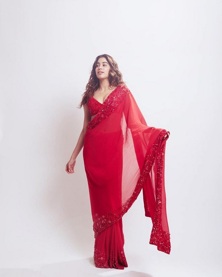 Jhanvi Kapoor Stylish Designher Red Color Georgette Embroidery Work Saree 2021 Vastraqueen Does jhanvi kapoor drink alcohol: jhanvi kapoor stylish designher red