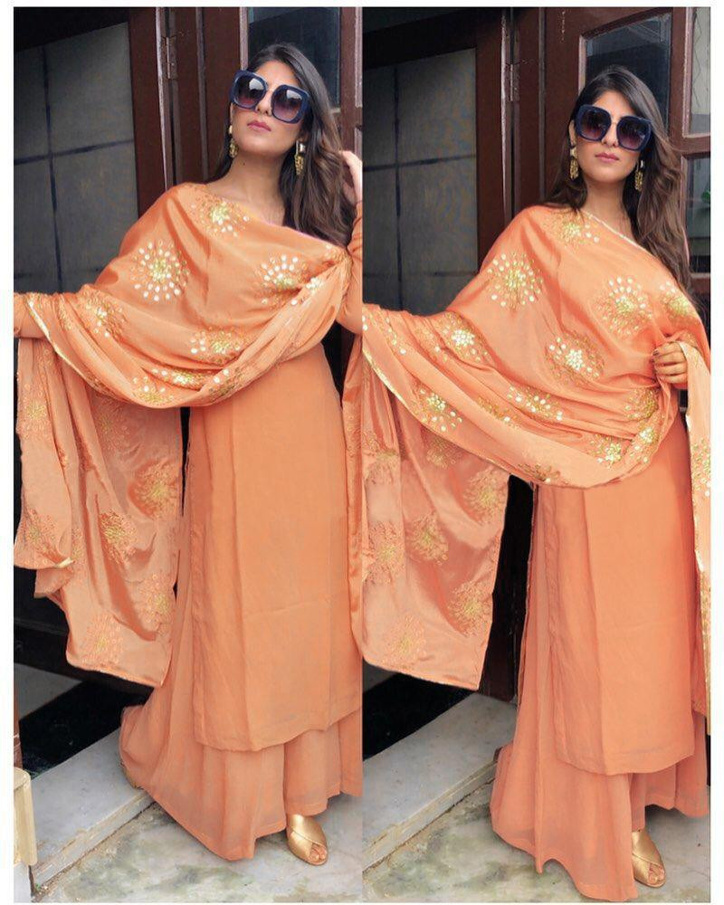 Celebrity Yankita Kapoor Peach Color Fancy Top with Palazzo
