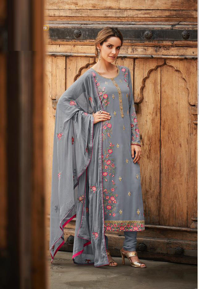 Embroidery Work Grey Color Party Wear