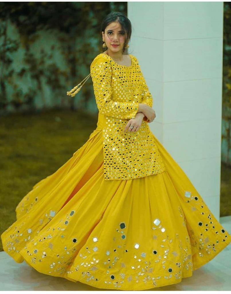 Stylish Yellow Online Top Lehenga With Mirror Work Vastraqueen See more ideas about yellow lehenga, lehenga, lehenga choli. stylish yellow online top lehenga with