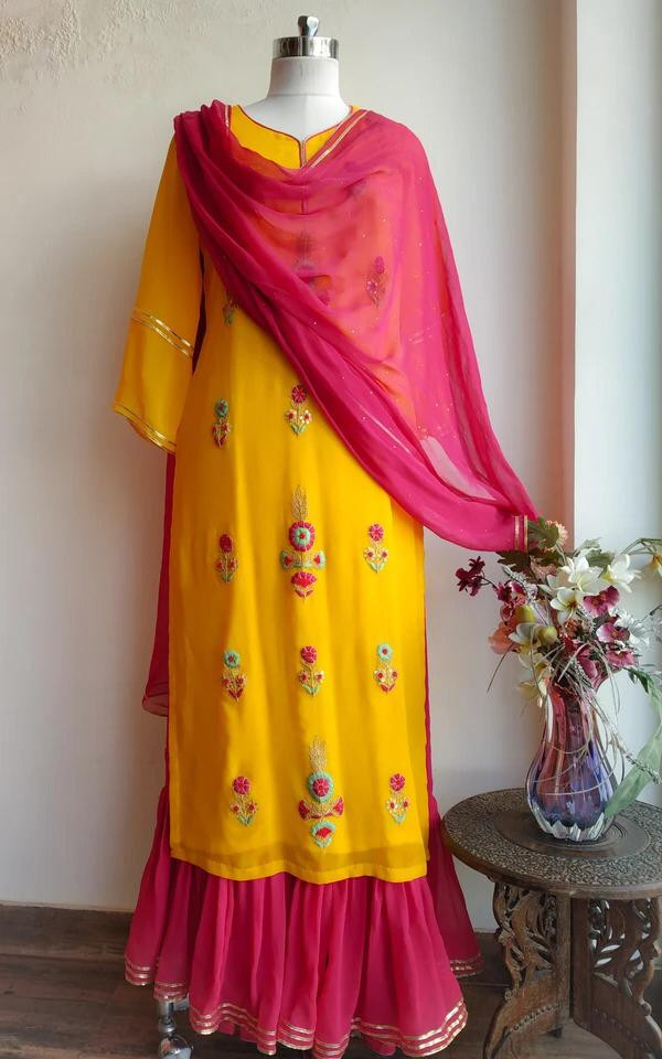 Yellow And Pink Color Salawar Suit With Dupatta Vastraqueen Tabby silk hand work suit with brocade bottom organza dupatta joginder cloth house. vastraqueen
