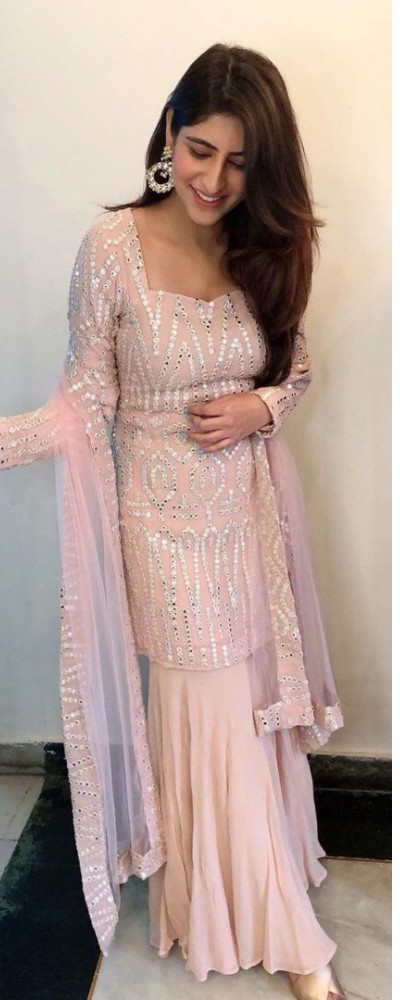 Yankita Kapoor Style Baby Pink Top With Sharara Vastraqueen Sabyasachi lehenga replica fabric| multicolor embroidered georgette fabric| party wear dress| net. yankita kapoor style baby pink top with