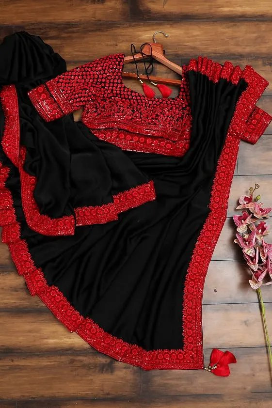Party Wear Black Saree With Georgette Red Lace Border Vastraqueen Bridal red party wear women bsaree traditional pakistani designer indian sari. party wear black saree with georgette