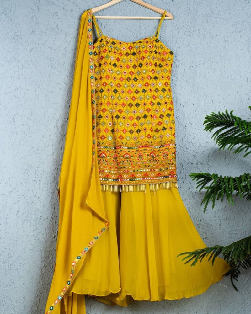 Gorgeous Embroidery Work Yellow Sharara Suit For Haldi Vastraqueen Naylon mono net dupatta : yellow sharara suit for haldi vastraqueen