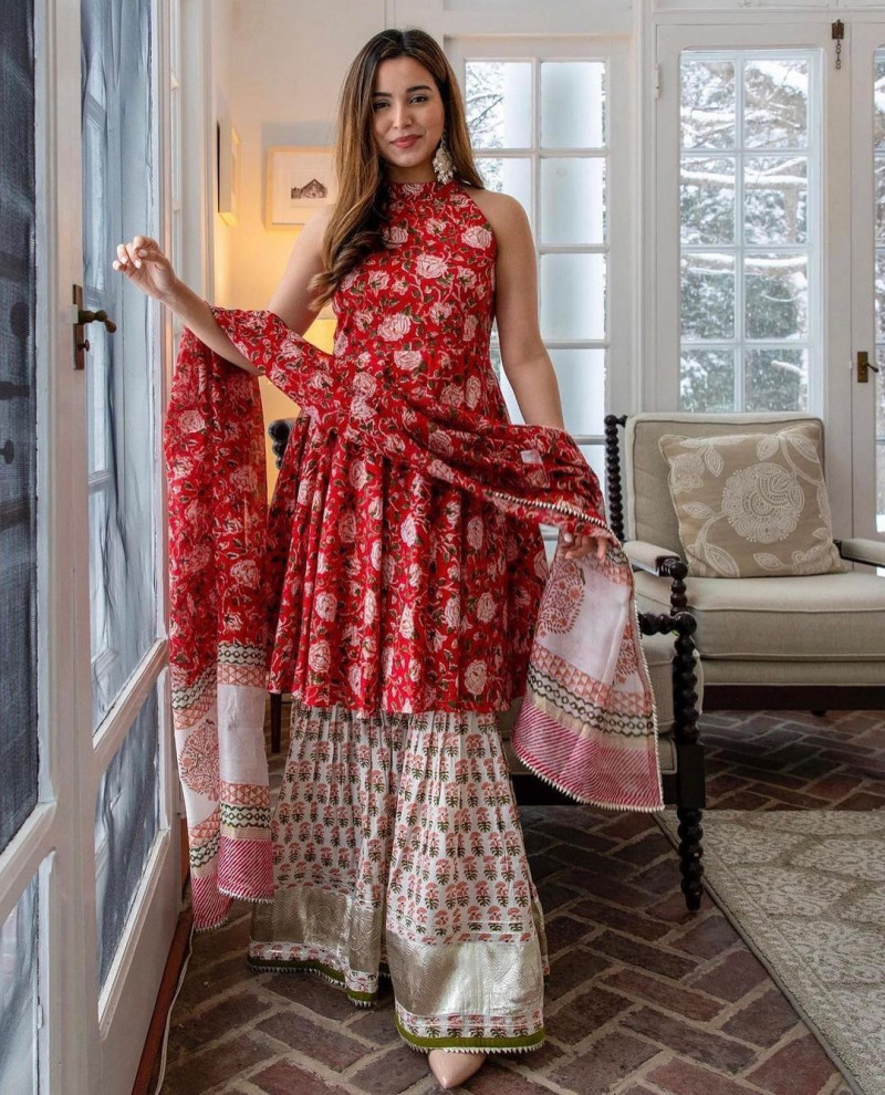 red sharara suit