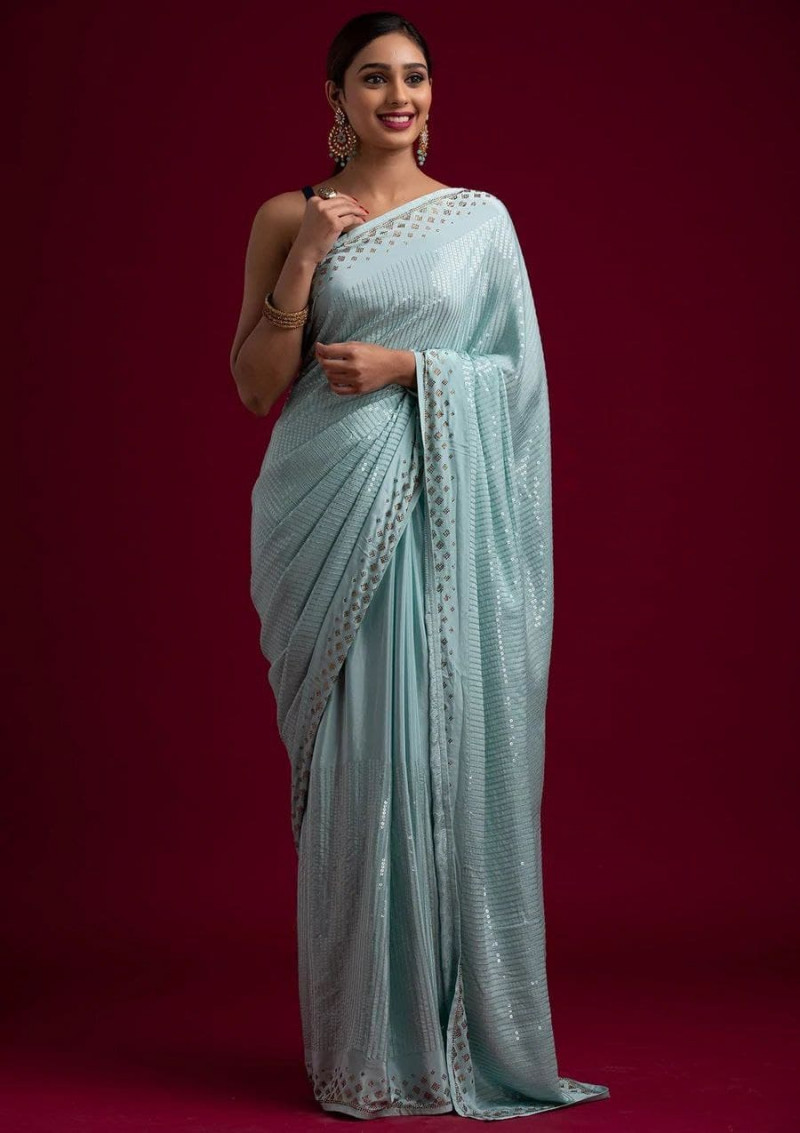 Preferable Sky Blue Sequin Party Wear 