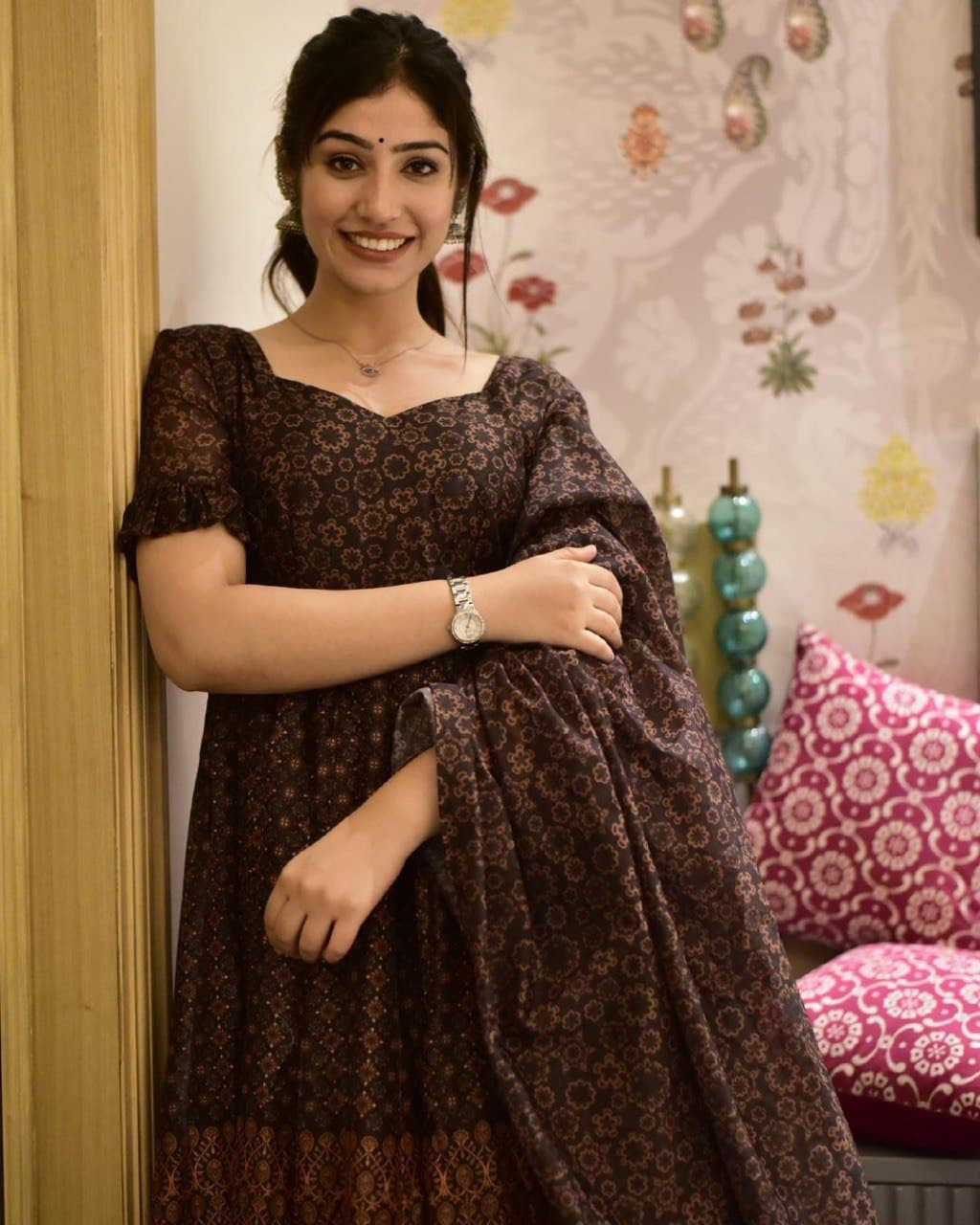 Designer Digital Printed Brown Anarkali 