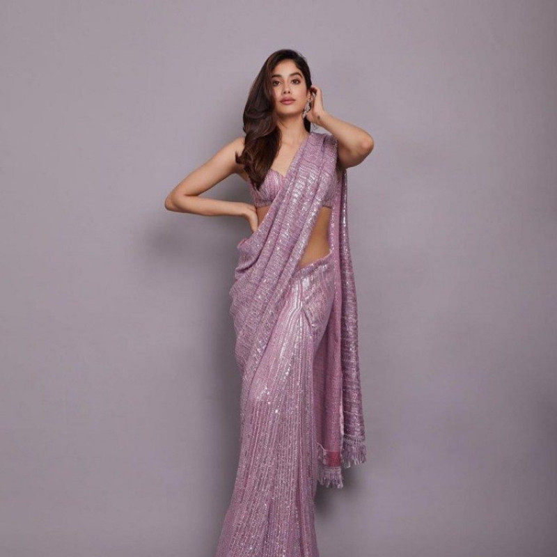 Janhvi Kapoor Purple Georgette Sequin Bollywood Saree | YOYO Fashion