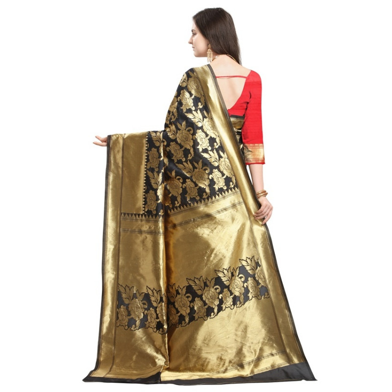 Buy Black And Red Gold Toned Half And Half Silk Saree Online Yoyo Fashion