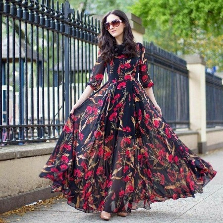 Buy Black And Red Floral Printed Party Wear Gown Online Yoyo Fashion