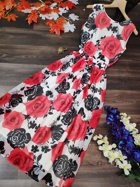 White And Black Rose Pritned One Piece Dress Yoyo Fashion