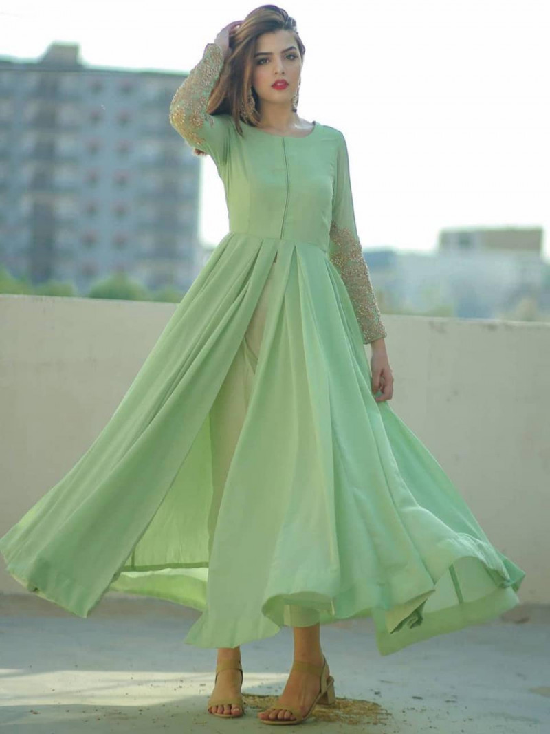 Pista Green Georgette Front Slit Long Dress