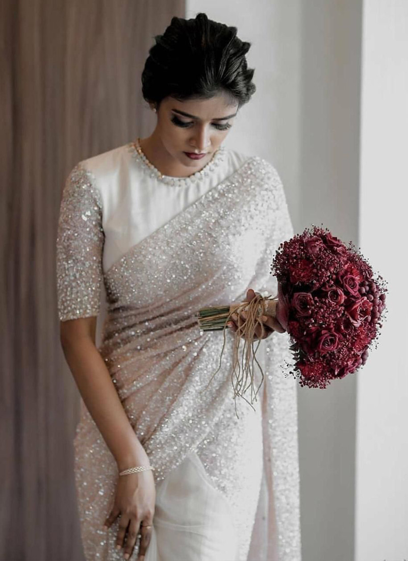 Buy Partywear White Sequin Saree Online