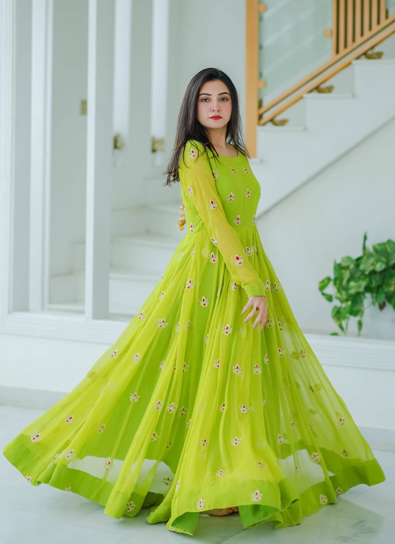 Pista Green Georgette Front Slit Long Dress