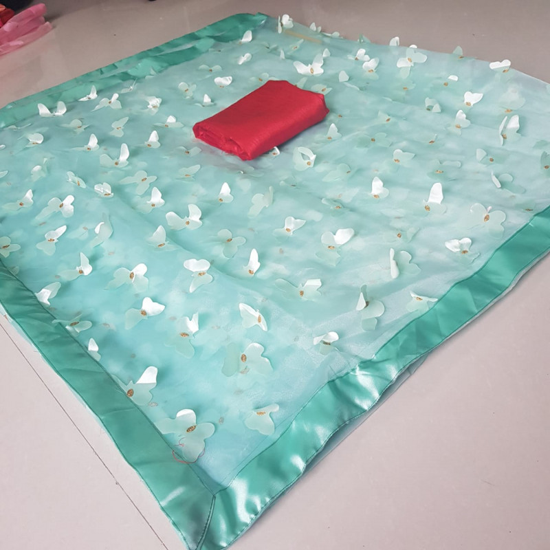 Download New Arrival Sky Colour Organza Fabric Embroidered Butterfly Saree