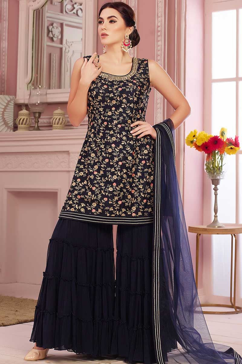 Navy Blue Heavily Embroidered Sharara Suit